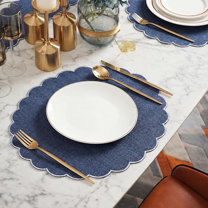 Set of 12 Navy Blue Cotton Placemats 15" Round Scalloped White | Double Layered Cotton Fabric, Washable Embroidery, White Edge Edge, Rustic Table Mats for Wedding Dining Table Decor