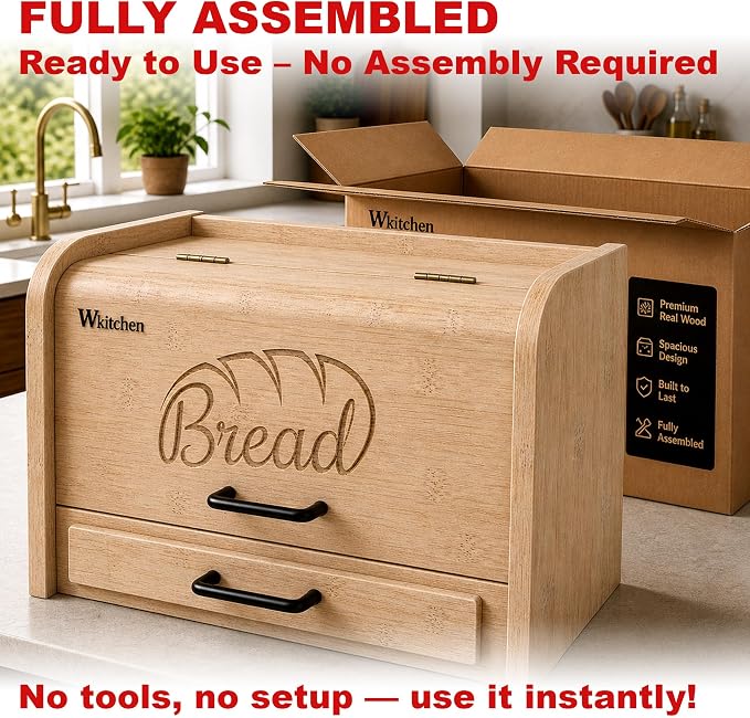 KNIFEPLANET Premium FULLY ASSEMBLED Bamboo Bread Box – Extra Large Real Wood Bread Box for Kitchen Countertop Storage, Thick Durable Construction, Double Layer Design (17.5" x 10" x 12")