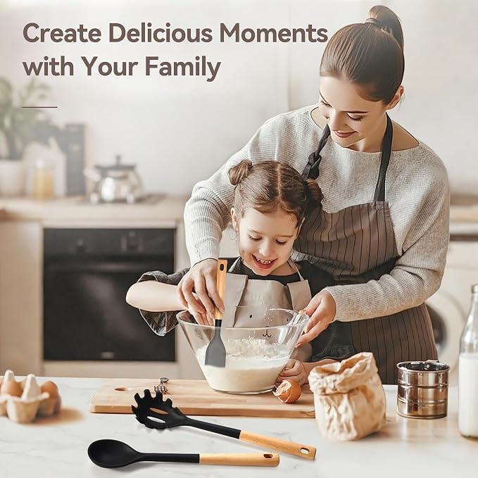 NCUE 6-Pcs Silicone Kitchen Utensils Set Wood Handle BPA-Free Food Grade (Black, 6 Piece)