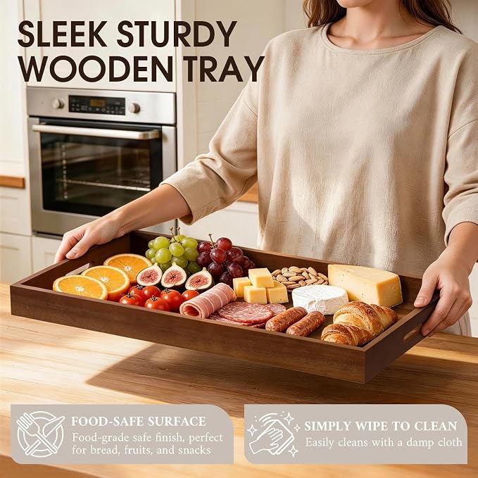 Extra Large Ottoman Tray, 32 x 18 inches Black Walnut Wooden Tray | Rectangle Decorative Tray with Handles, Wood Coffee Table Tray, Serving Platter Tray for Living Room, Countertop, Breakfast