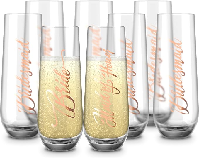 Bridesmaid Wine Glasses, Kook Bachelorette Party Champagne Glasses, 9.4 Oz (Bridal Set of 8), Stemless Glass Champagne Flutes, Cocktail Cups for Rose, Great for Weddings and Parties, Dishwasher Safe