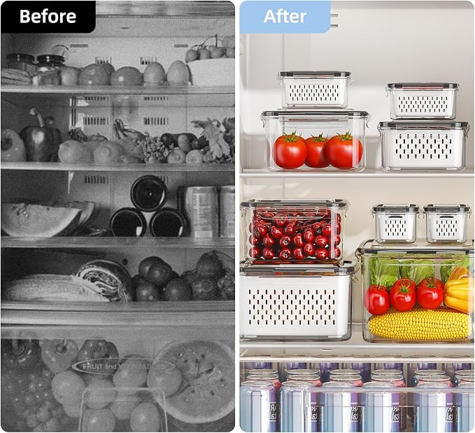 Fruit Storage Container for Fridge with Removable Colander, 6 Pack | Leakproof Produce Containers for Fridge, Airtight Food Storage Container, Keep Fruit, Veggies, Berry, Salad Fresh Longer