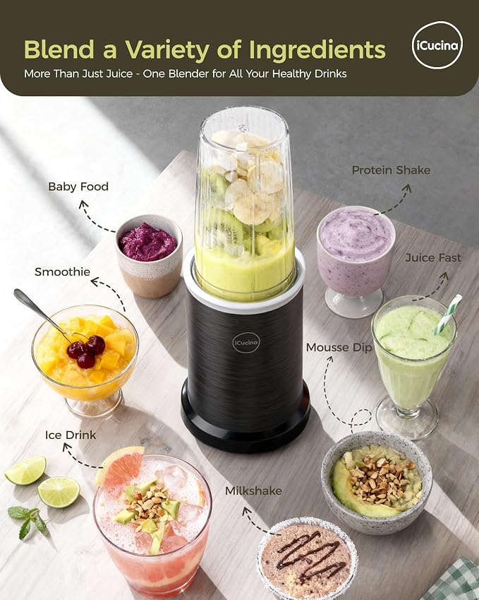 iCucina Smoothie Blender, 1000W Personal Blender for Shakes and Smoothies with 2 x 32oz Protable Cups and Lids, Single Serve Blenders for Ice Crushing, Bean Grinding, Frozen Fruit Drinks, Black