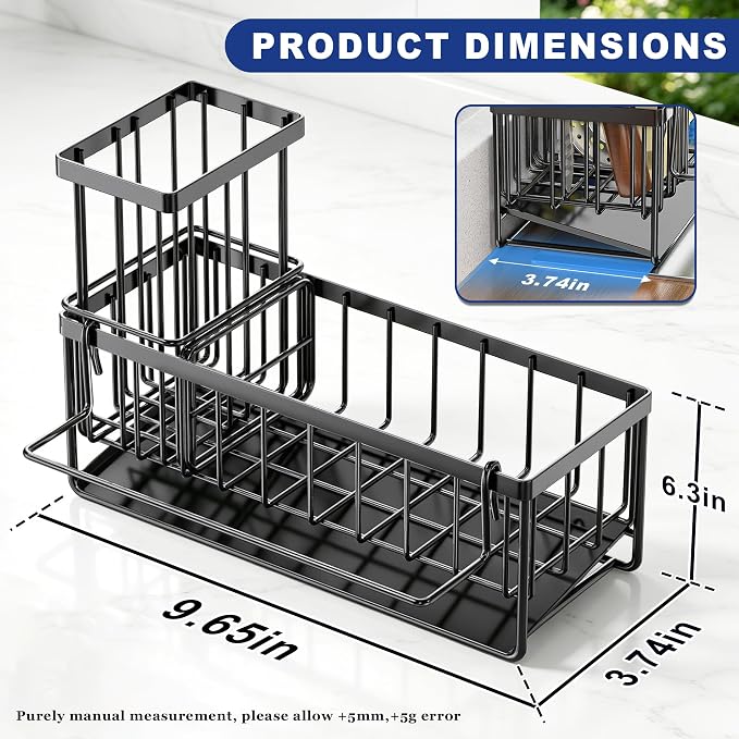 Slanted Sponge Holder for Kitchen Sink, Stainless Steel Sink Caddy Multi Sponge Holder, Small 9.65" × 3.74" × 6.3" Organizer for Apartment, Dorm, RV, Small Kitchen Countertop (Black)