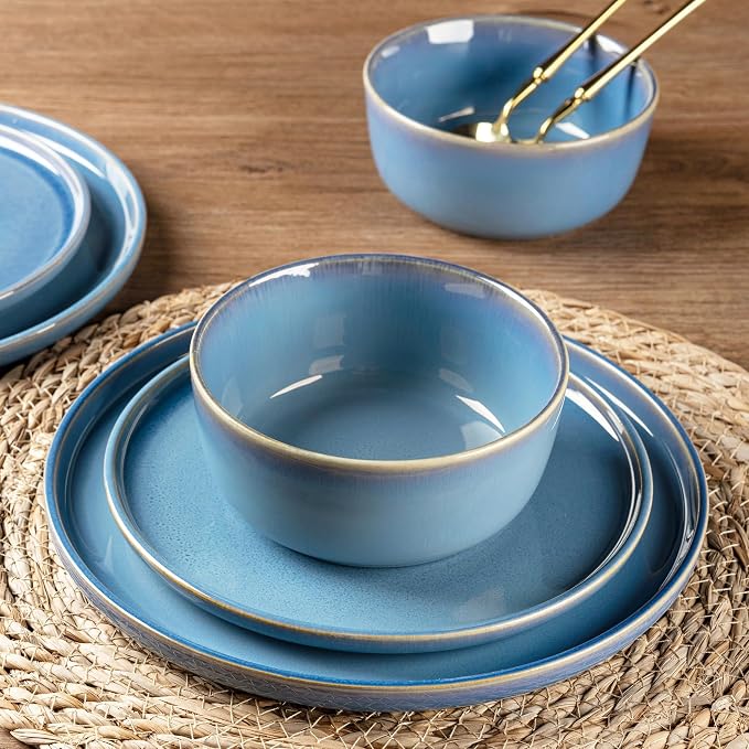GBHOME Dinnerware Sets for 4, 12 Pieces Ceramic Plates and Bowls Set | Scratch Resistant Stoneware Dishes Set, Dishwasher & Microwave Safe, Reactive Glaze-Alaskan Blue