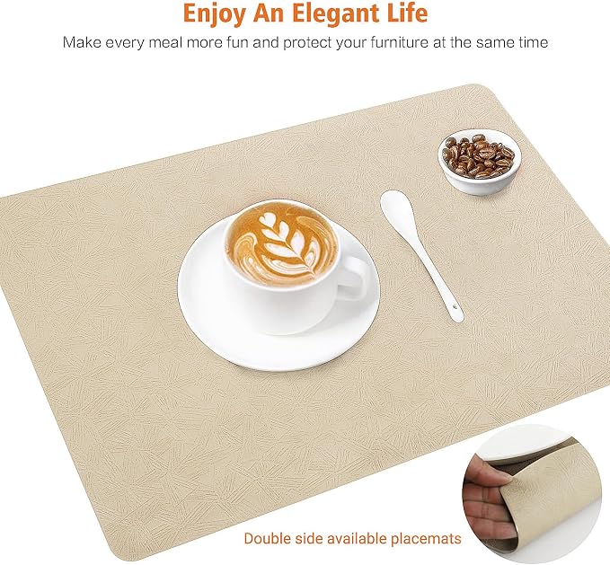 Beige Vinyl Placemats Set of 12 Waterproof Wipeable Table Mats | Heat Resistant Easy Clean Place Mats Faux Leather Table Mats Washable PVC Table Placemats for Dining Table