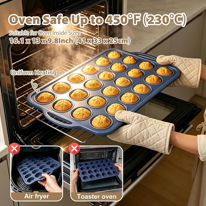 2 Pack Mini Silicone Muffin Pan with Frame, Non Stick Cupcake Baking | Silicone Cupcake Pan with Handles 24 Cup, BPA Free Silicon Muffin Tin Tray Small for Baking, Egg Bites, Cupcake Mold Grey