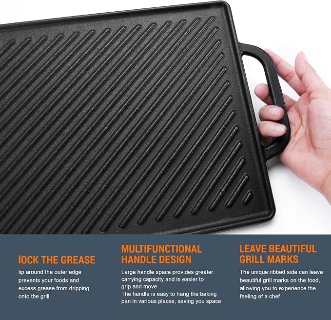 GGC Cast Iron Reversible Griddle | Double-sided Griddle Pan for Stove Tops and Gas Grills, 17"x 9" Rectangle Griddle Plate with Flat and Ribbed Side for Cooking