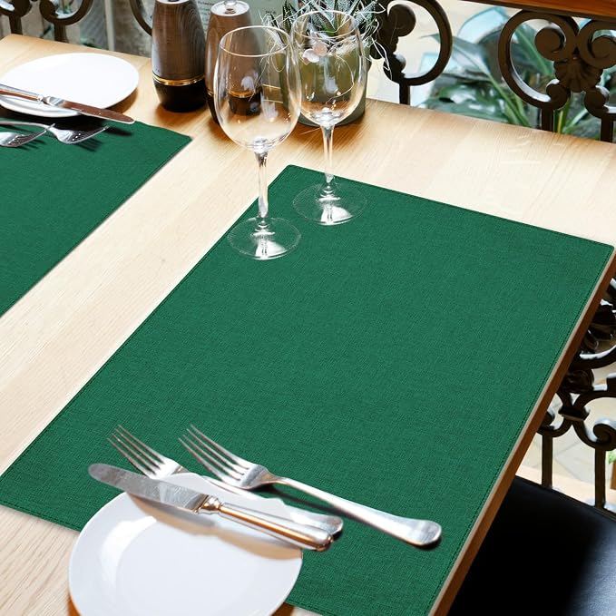 Cloth Placemats Set of 6, Cotton Linen Blend Place Mats, Green | Machine Washable, Double Layered, Heat Resistant, Fabric Dining Table Mats for Kitchen, Indoor & Outdoor, 13" x 19"