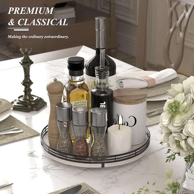 AMH 12-Inch Whitewashed Farmhouse Lazy Susan Tray with Black Metal Frame | Smooth rotating oak tray with walnut finish for dining tables, kitchen counters, pantries and cabinet storage.