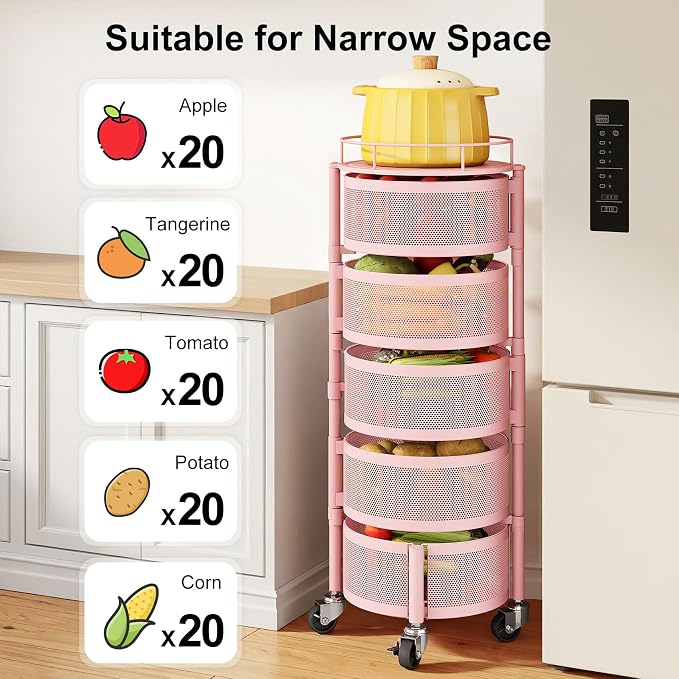 SAYZH 5 Tier Fruit Vegetable Basket Stand for Kitchen, Rotating, Pink | Rolling Storage Cart with top lid, Large Metal Wire Rack for Potato and Onion Storage