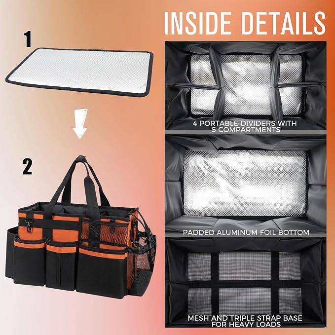 SCAVATA Wearable Cleaning Caddy, Cleaning Caddy Supplies Organizer with Handle & Shoulder Straps for Housekeepers, Under Sink & Car Cleaning Tool Organizers Bag with 4 Foldable Divider (RetroOrange)