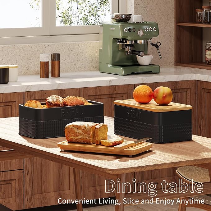 Bread Box for Kitchen Countertop,Metal Bread Storage Bin with Bamboo Cutting Board Lid, Includes Bread Knife, Fits Sourdough & Buns, Stylish Organize (Black)