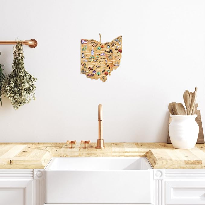 Totally Bamboo Ohio State Shaped Cutting Board, Art by Fish Kiss | State charcuterie board with colorful hand-drawn map artwork. Smooth reverse side for food prep. Hang tie for wall display.