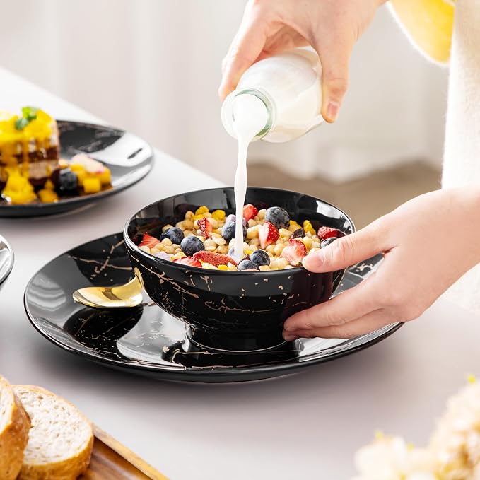 LOVECASA Plates and Bowls Sets for 6, 24 Pieces Porcelain Dinnerware Sets, Black and Gold Dish Set Gold Splash Dishware Sets, Dishwasher Microwave Safe