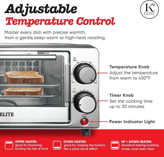 Kitchen Elite Toaster Oven, Compact Countertop Appliance with Bake Tray, Wire Rack, Adjustable Timer, and Temperature Control, Black