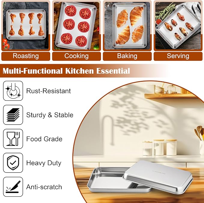 E-far Baking Sheet with Wire Rack, Cookie Sheets Trays for Toaster Oven | 10.5 x 8.3 Inch Stainless Steel Cooling Rack with Non Toxic & Warp Resistant Design, Oven & Dishwasher Safe, 2 Pans + 2 Racks