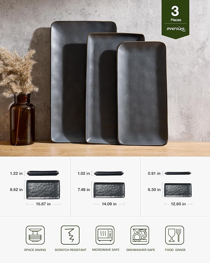Famiware Serving Platters Set of 3 Sizes - Rectangular, Matte Dark Charcoal | 15.67"/14.1"/12.6" Fine Stoneware Serving Trays for Party, Entertaining for Food, Turkey, Cheese, Microwave Dishwasher Safe