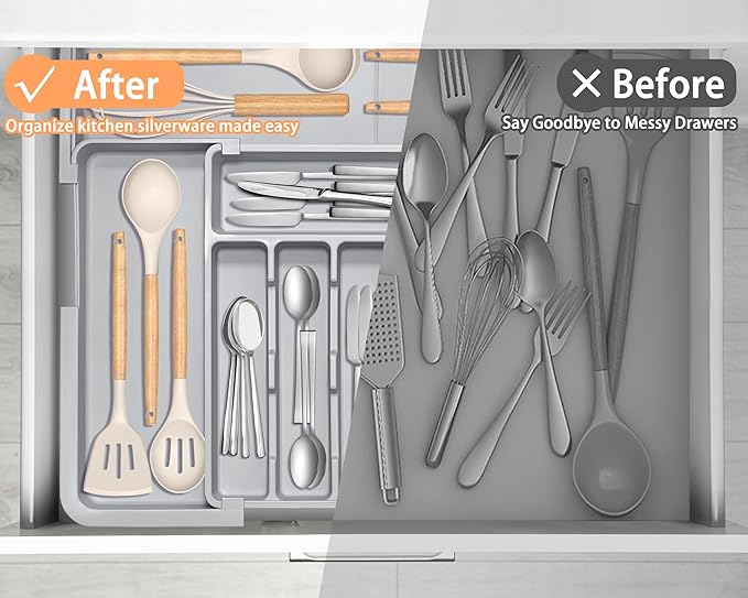 Silverware Organizer Expandable Kitchen Drawer Organizer Adjustable 22"x 19" Utensil Organizer with Rubber Feets Cutlery Drawer Organizer for Spoons Forks Knives Kitchen Organizers and Storage Grey