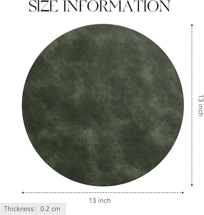 MOSAYT 13 Inch Round Vinyl Placemats Set of 6 - Faux Leather 100% Waterproof Oil-Proof Wipeable PU Place Mats, Heat Resistant Reversible Table Mats for Kitchen, Dining, Outdoor, Olive Green
