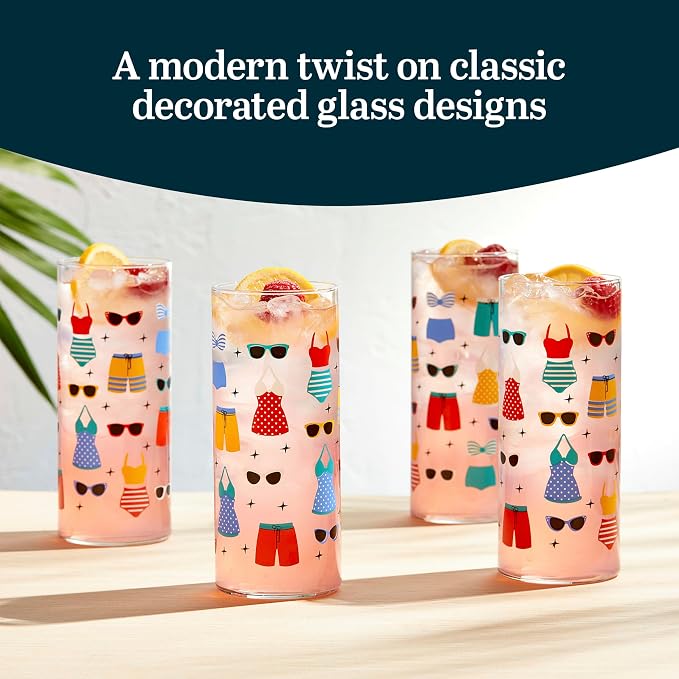 Libbey Vintage Swim Drinking Glasses Set of 4, Colorful, Retro Swimsuits Design Glass Cups Set, Dishwasher Safe Water Glasses Set for Cocktails
