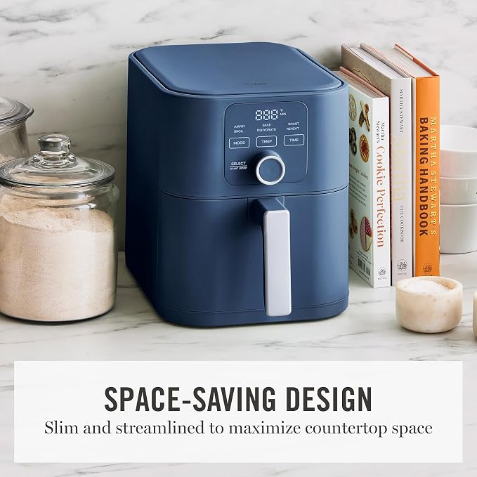Martha Stewart 6-Quart Air Fryer, 6 Presets, Space Saving, Indigo Blue | 3lb Capacity, PFAS-Free Ceramic Nonstick Basket & Tray, Bake, Roast, Broil, Dehydrate, Reheat, Shake Reminder, Heat up to 400