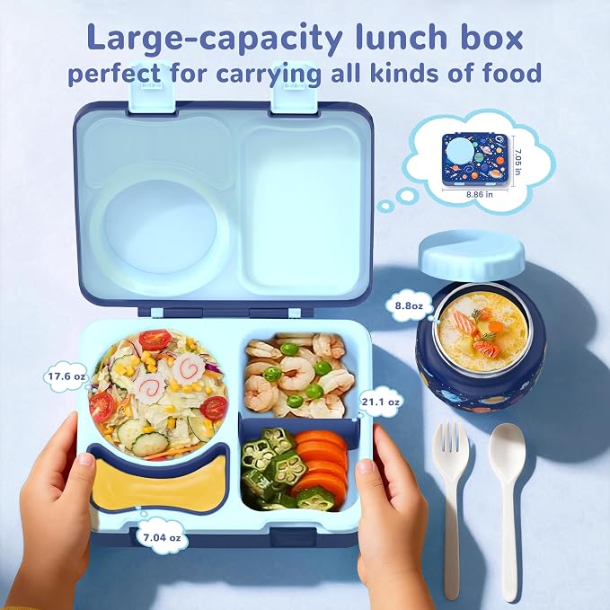 Bento Lunch Box for Kids Adult, Leakproof 3-4 Compartment Bento Box Set with Insulated Food Jar,Water Bottle, Lunch Bag, School Lunch Container for Toddler Teen Girls Boys Ages 3+(Space)