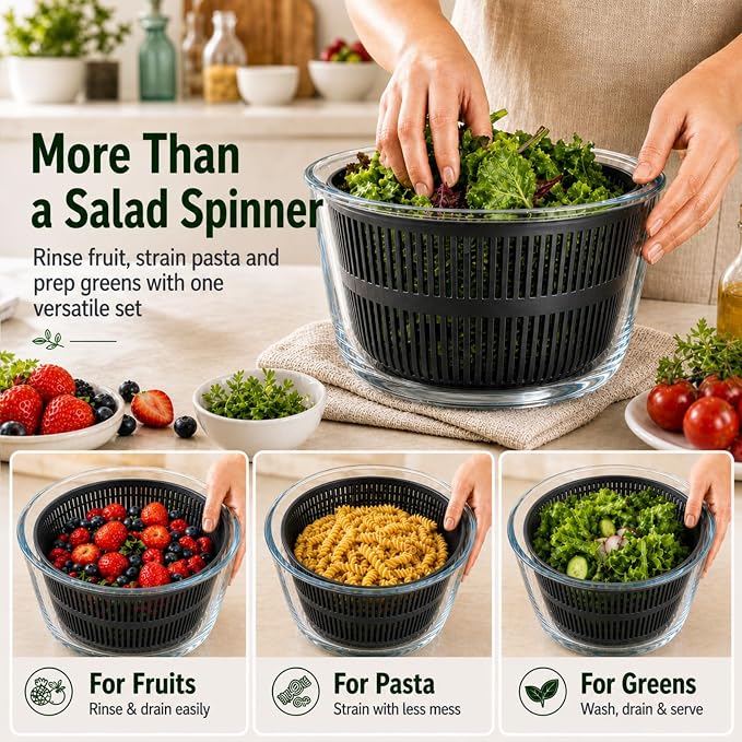 Glass Salad Spinner 3.2 Qt, Small Salad Spinner, Glass Bowl, Black | Removable Lid, Storage Lid, Dishwasher-Safe Glass Bowl, Fruit & Vegetable Washer Dryer, Drain Spout, Crank Handle