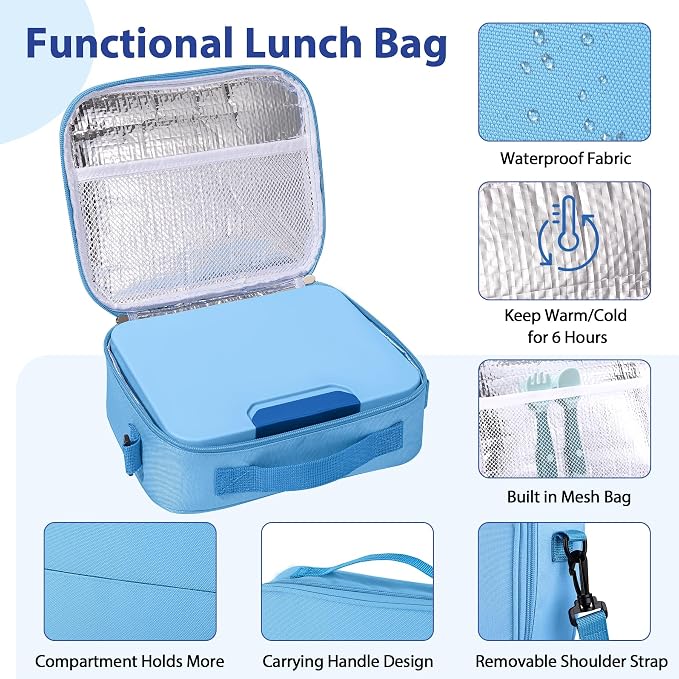 Kids Bento Lunch Box Set with 9.5oz Soup Thermo, Leak-Proof Lunch Food Containers with 3 Compartment and Removable Inner Tray, Insulated Hot Food Jar with Lunch Bag for School, Office, Blue