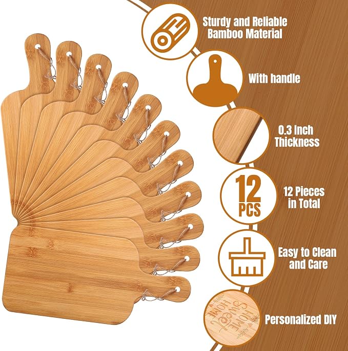 Patelai 12 Packs Wooden Cutting Board Set with Handles 15 x 7 Inch Large Kitchen Serving Plain Chopping Board Bulk Gifts for Mom for Vegetables Meat Pizza Cheese Fruit Bread(Bamboo)