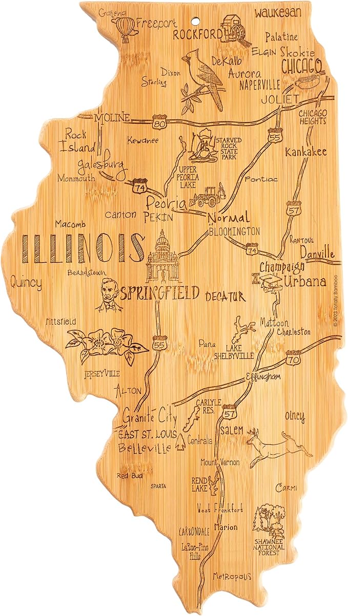 Totally Bamboo Destination Illinois State Shaped Cutting Board | State charcuterie serving board with engraved map artwork. Smooth reverse side for food prep. Hang tie for wall display.