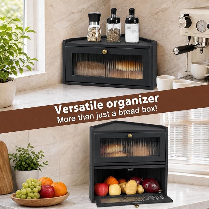 Sunhoo Bread Box for Kitchen Countertop Wooden Corner Breadbox Counter Food Storage Bin Container Farmhouse Rustic Homemade Bread Fresh Keeper Organizer Holder Vintage Stackable with Window (Black)