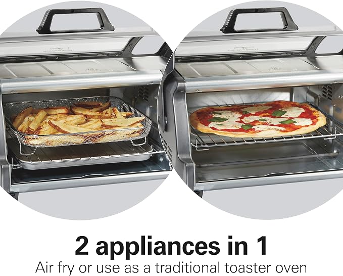 Hamilton Beach Easy Reach 6 Slice Countertop Air Fryer Toaster Oven Combo | Roll-Top Door For Easy Access | Bake, Broil & Toast Functions | 150 to 450ºF Adjustable Temp | Auto Shutoff | Stainless Steel