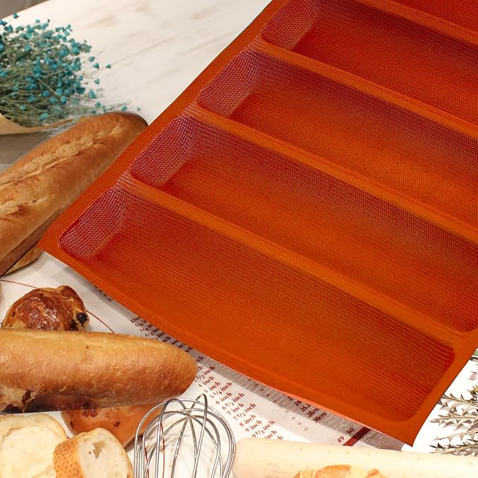 FETESUR Silicone Perforated Baking Form Sandwich Mold, Orange | Sandwich Bread Mold, Food Proofing Mat, 5 Loaf Non-Stick Baking Liners