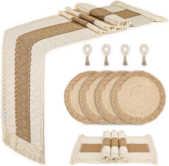 Placemats Set of 4 w/Charger Plates Table Mats Table Runner & Napkin Rings | All in One Placemats,Boho Farmhouse Style Heat-Resistant Non-Slip Protective Round Woven Placemats for Dining Table Décor