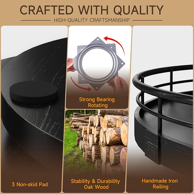 AMH 12-Inch Oak Lazy Susan Vanity Tray with Black Brush Gold Metal Rail | Smooth rotating oak tray with walnut finish for dining tables, kitchen counters, pantries and cabinet storage.