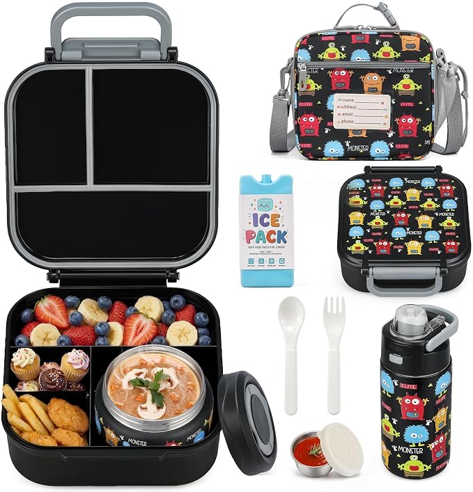 Bento Lunch Box for Kids with 7oz Soup Thermo,Insulated Stainless Steel Kids Water Bottle with Straw and Insulated Lunch Bag,Leak-Proof Lunch Food Container with Ice Pack for School(Black-Cute)