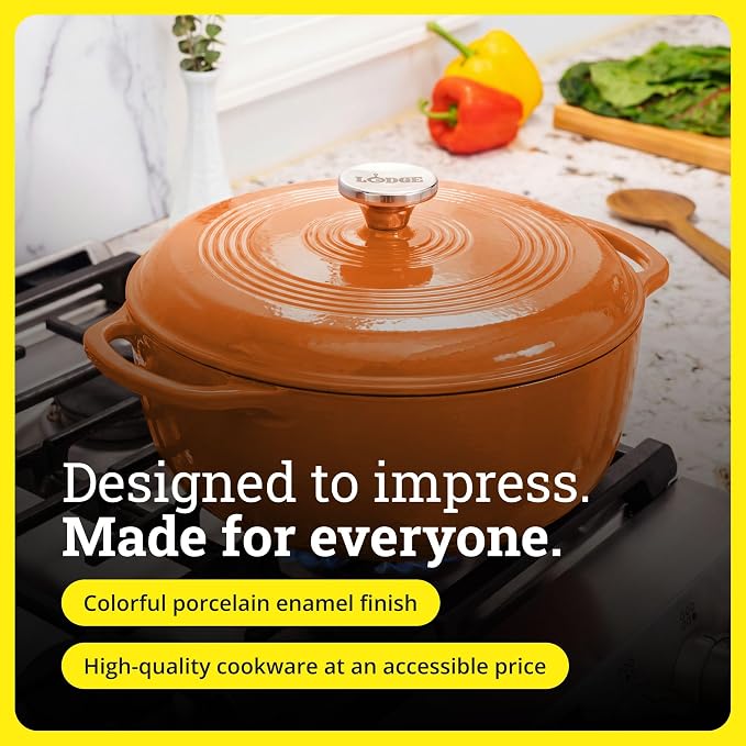 Lodge Essential Enamel Cast Iron Dutch Oven 6 Quarts - Perfect for Bread Baking, Braising, Marinating & Slow Cooking, Features Moisture-Sealing Lid & Dual Handles, Kitchen Essentials, Apricot