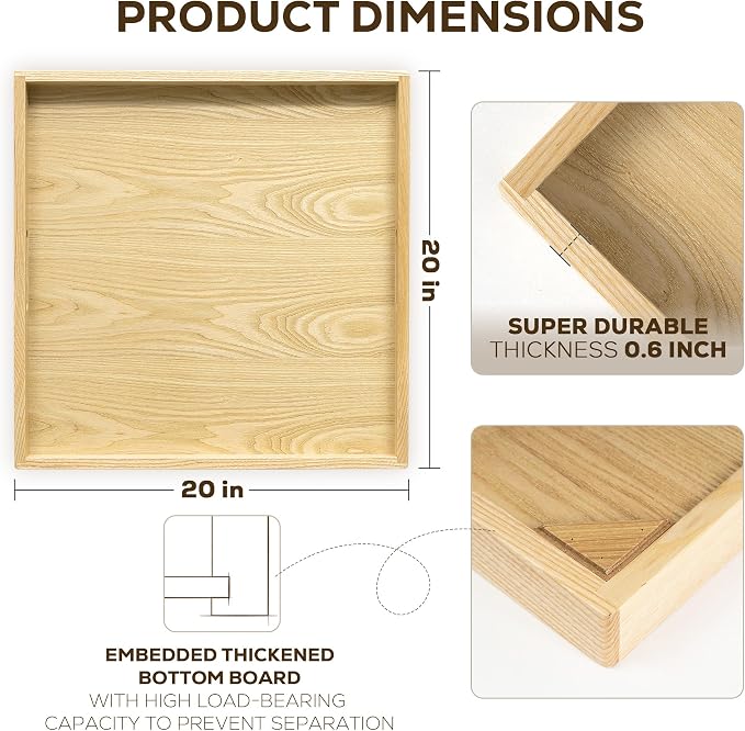 20 Inch Large Square Wooden Ottoman Tray for Living Room|Extra Large Serving Tray with Handles for Coffee Table, Breakfast|Decorative Wood Tray for Ottoman Couch Sofa Kitchen|Natural