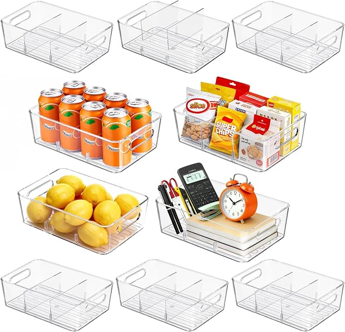 Mpotmiy 10-Pack Pantry Organizers and Storage, Clear Fridge Organizer Bins | Clear stackable plastic bins with removable dividers for packets, snacks, pouches and spices in pantry, fridge or freezer.