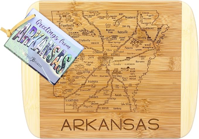 Totally Bamboo A Slice of Life Arkansas Engraved Map Cutting Board | 11” x 8.75” charcuterie board with engraved state map artwork. Smooth reverse side for food prep. Hang tie for wall display.