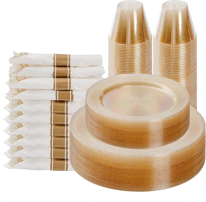 175 Piece Gold Glitter Plastic Dinnerware Set for 25 Guests | Disposable Dinnerware Includes: 25 Dinner Plates, 25 Dessert Plates, 25 Pre Rolled Napkins with Silverware, 25 Cups