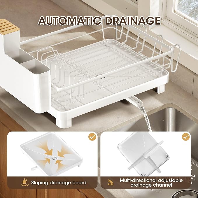 Runnatal Dish Drying Rack with Drainboard for Kitchen Counter and Sink | Large Dish Rack Rustproof Dish Drainer with Detachable 2-in-1 Utensil Holder, Extra Cup Holder, White