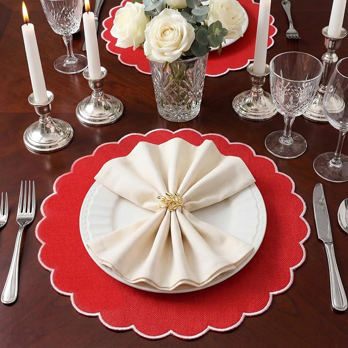 Set of 12 Red Cotton Placemats 15" Round Scalloped White | Double Layered Cotton Fabric, Washable Embroidery, White Edge Edge, Rustic Table Mats for Wedding Dining Table Decor