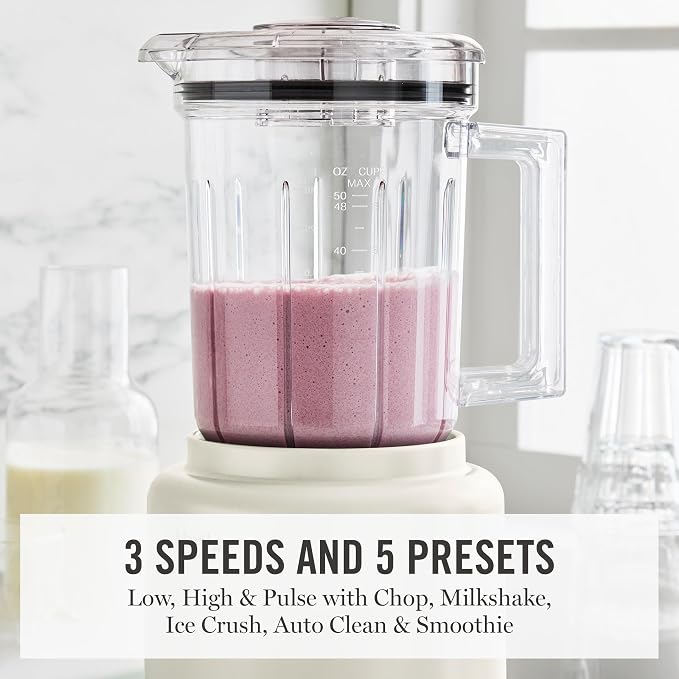 Martha Stewart 50oz Countertop Blender, 3 Speeds, 5 Presets, Linen Cream | BPA-Free Pitcher, Smoothies, Margaritas, Milkshakes & Ice Crushing, Stainless Steel Blades, Auto-Clean, Dishwasher-Safe Parts