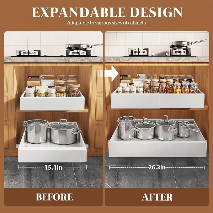 Seinloes 4 Pack Expandable Pull Out Cabinet Organizer 21"Deep With Raising Pad for Framed Cabinets,Upgrade 3 Slide Rails Slide Out Drawers,No Drill Roll Out Shelves,Adjustable Width 15.1"-26.3" White
