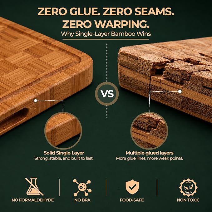 Pack of 3 Pre-Oiled Bamboo Cutting Board Set with Holder | Extra Thick End Grain Bamboo Wooden Cutting Board for kitchen with Deep Juice Grooves | Non Toxic Chopping Board Set with Build-in Handles