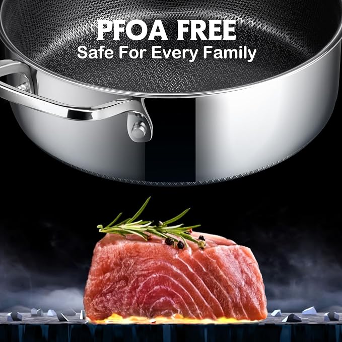 Frying Pans Nonstick Set with Lid,Hybrid Non Stick 5 Quart Saute pan,10 inch Skillet,8 inch Skillet PFOA Free Cookware,Stainless Steel skillet,Deep Braiser,Dishwasher Safe,Works on All Cooktops