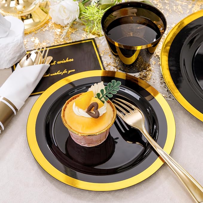 YOUBET 350PCS Black and Gold Plastic Plates for Party Wedding | Black Disposable Dinnerware Sets for 50 Guests - 100 Plastic Plates, 150 Gold Silverware, 50 Cups, 50 Pre Rolled Napkins