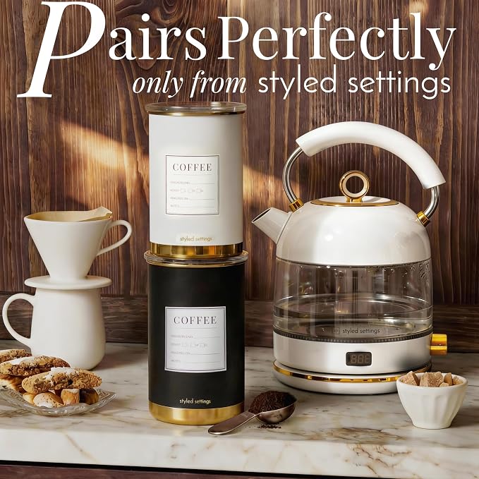STYLED SETTINGS Vacuum Coffee Canister with Airtight Lid, White and Gold | Stainless Steel, BPA Free, Food Grade, White and Gold Design, Vacuum Effect, Air Tight